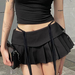 LIZAKOSHT  -  Solid Sweet Hollow Out Women Skirts Y2k Aesthetic A-line Pleated Mini Skirt High Waist Slim Streetwear Grunge Faldas Harajuku