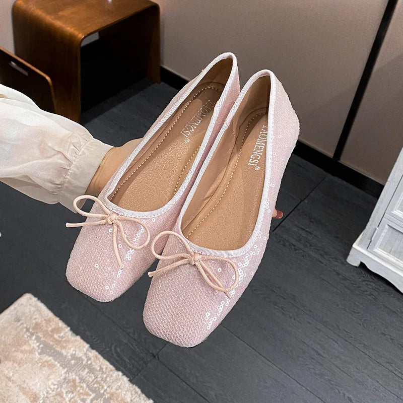 LIZAKOSHT  -  bling bling bowtie flat shoes woman square toe pink glitter ballet flats 35-43 big size shiny moccasins women bow loafers