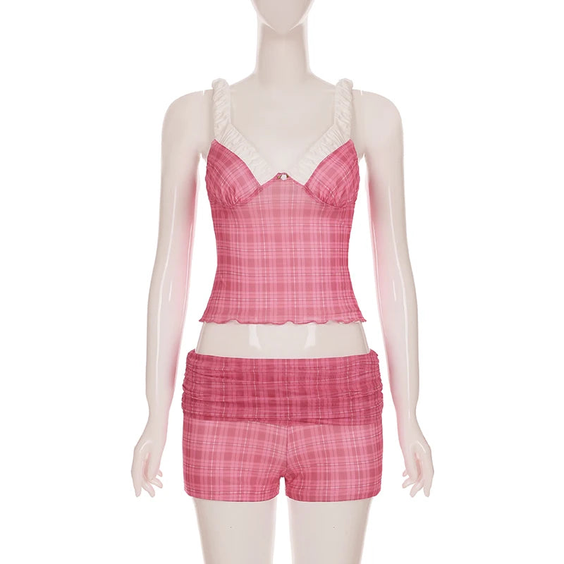 LIZAKOSHT  -  Two-Piece Set Plaid Print Y2K Sexy Camisole and Shorts Outfits for Women Clubwear 90s Fashion Korean Summer Suits