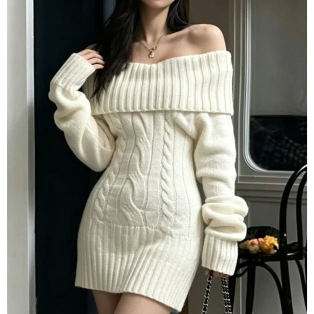  LIZAKOSHT  -  Women Off Shoulder Foldover Collar Cable Knit Sweater Dress Long Sleeve Slim Bodycon Mini Dress Fall Winter Knitted Party Dress