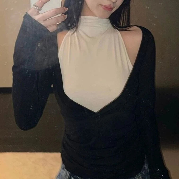LIZAKOSHT  -  Y2k Aesthetic Two-piece Set Sexy A Deep V-Neck Slim Fit T-shirt + Half High Sleeveless Vest Autumn Vintage Grunge Suit