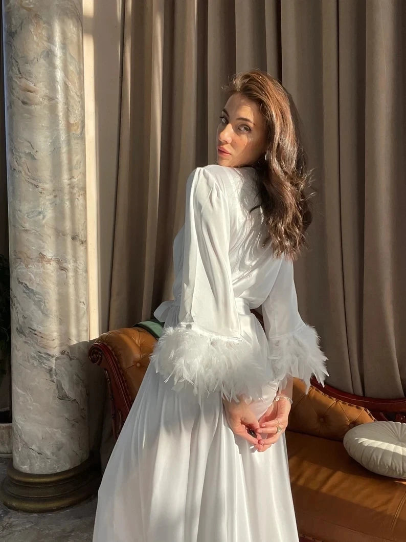 LIZAKOSHT  -  Soft White Wedding Robe Bridal Feather Sleeves Gown Bride Silk Boudoir Robes Satin Bridal Lingerie Long Bathrobe Handmade Kimono