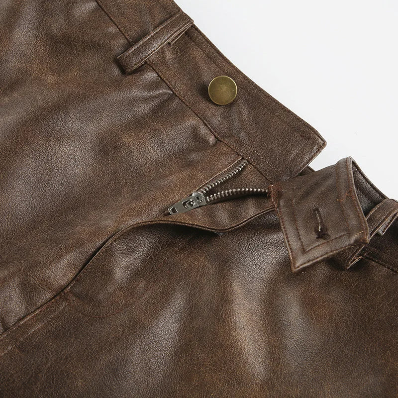 LIZAKOSHT  -  Y2k Brown Faux Pu Leather Low Waist Mini Skirts for Women Pockets Button Vintage Femme Club Streetwear Sexy Autumn Skirt
