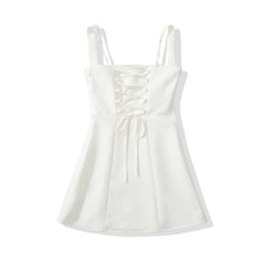 LIZAKOSHT  -  Sexy Low Chest Slash Chest Corset style Sling Dress Women Cross Lacing up Back A-lined Mini Dresses Party Skater Short Sun Robe