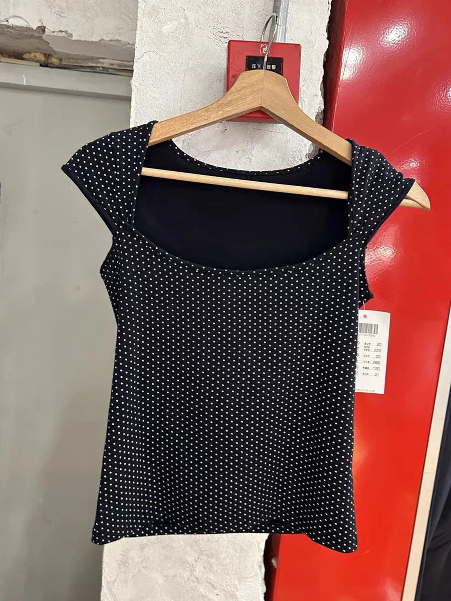 LIZAKOSHT  -  Polka Dot Sleeveless Slim T-shirt Women Summer Sexy Square Collar Black Cotton Tees Preppy Style Cute Streetwear Crop Top Y2k