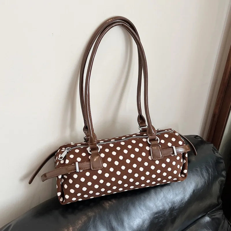LIZAKOSHT  - Y2k Polka Dot Cylindrical Handbag Ins Trendy Personality Elegant Retro Glossy Leather Exquisite Small Capacity Daily Commuting