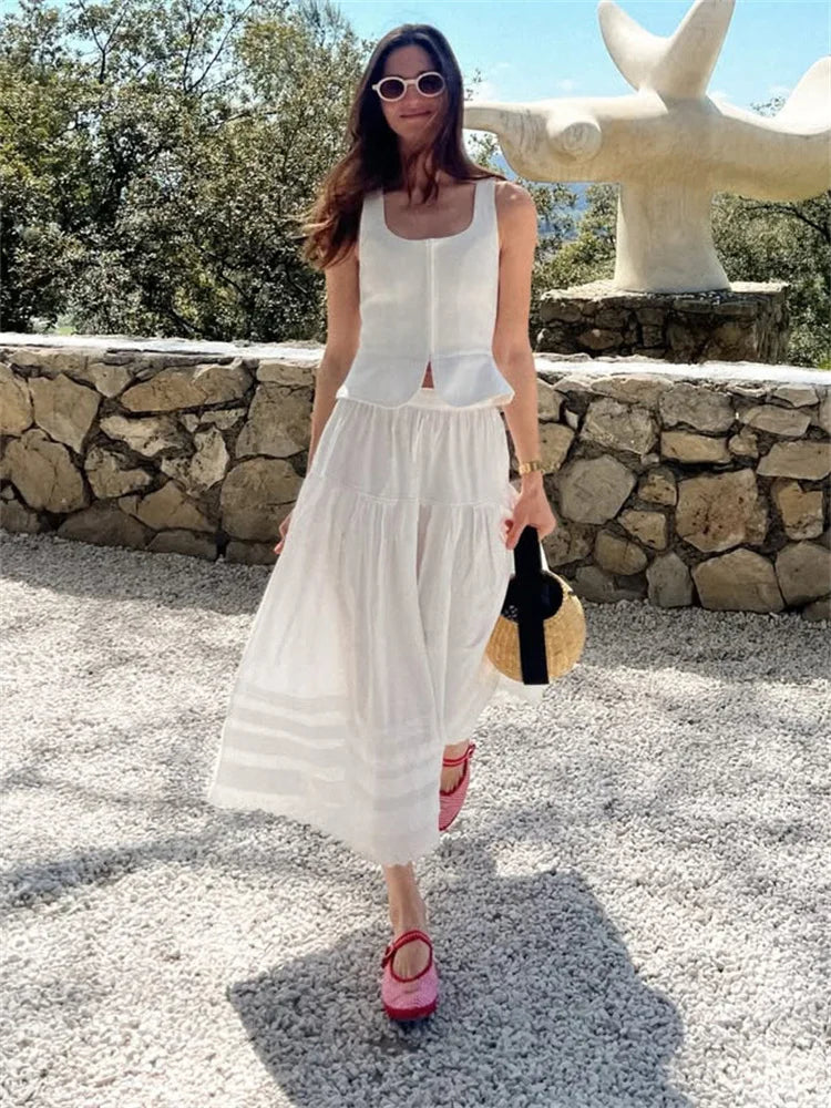 LIZAKOSHT  -  White High Waist Lace Long Skirt Female Pleated Casual Basic Summer Solid Loose Elegant Maix Skirt Women's Clothes Femme