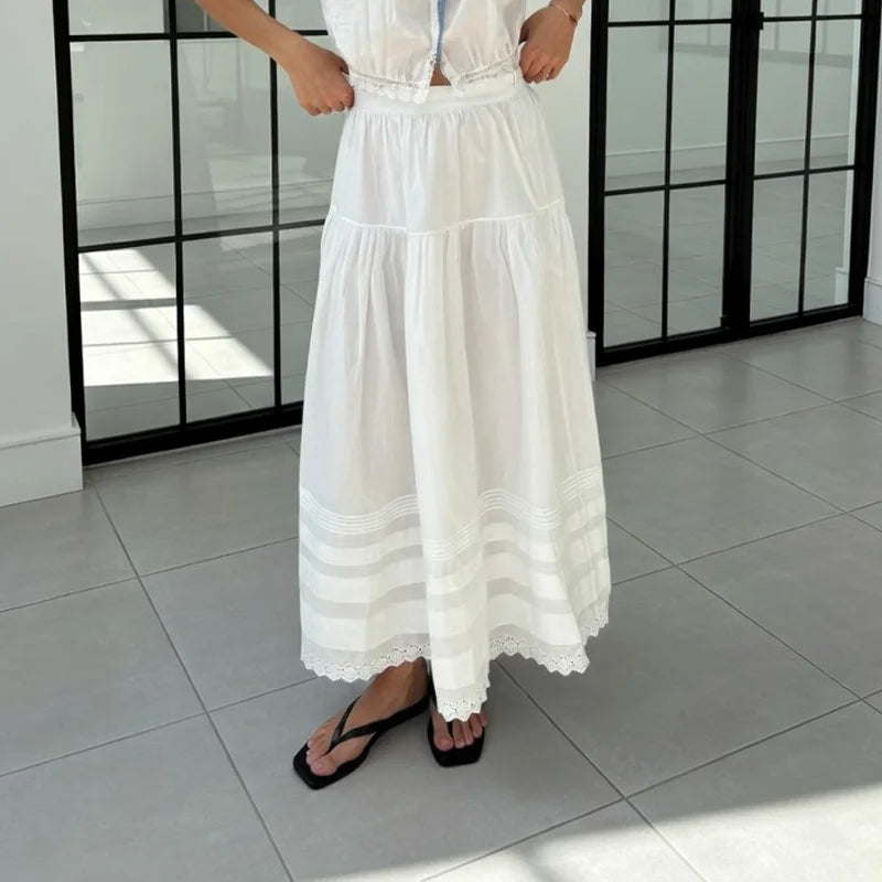 LIZAKOSHT  -  White High Waist Lace Long Skirt Female Pleated Casual Basic Summer Solid Loose Elegant Maix Skirt Women's Clothes Femme