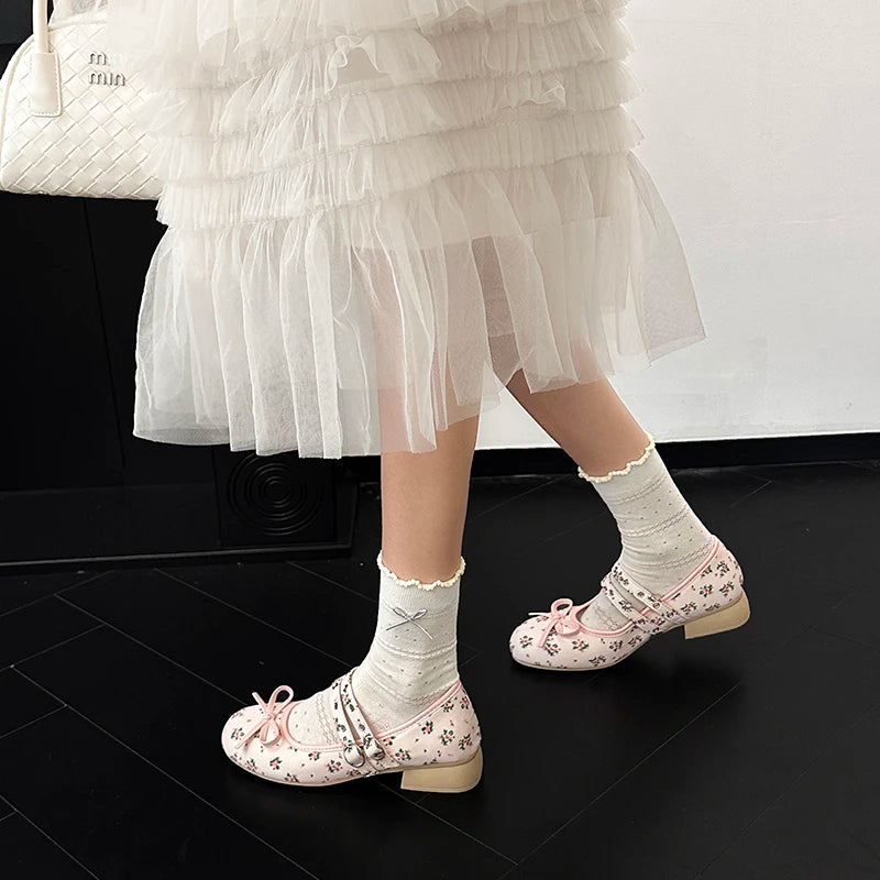 LIZAKOSHT  -  Lolita Style Sweet Low Heel Women Mary Jane Shoes Designer Buckle Strap Pumps Ladies Eelgant Floral Print Dress Leather Shoes
