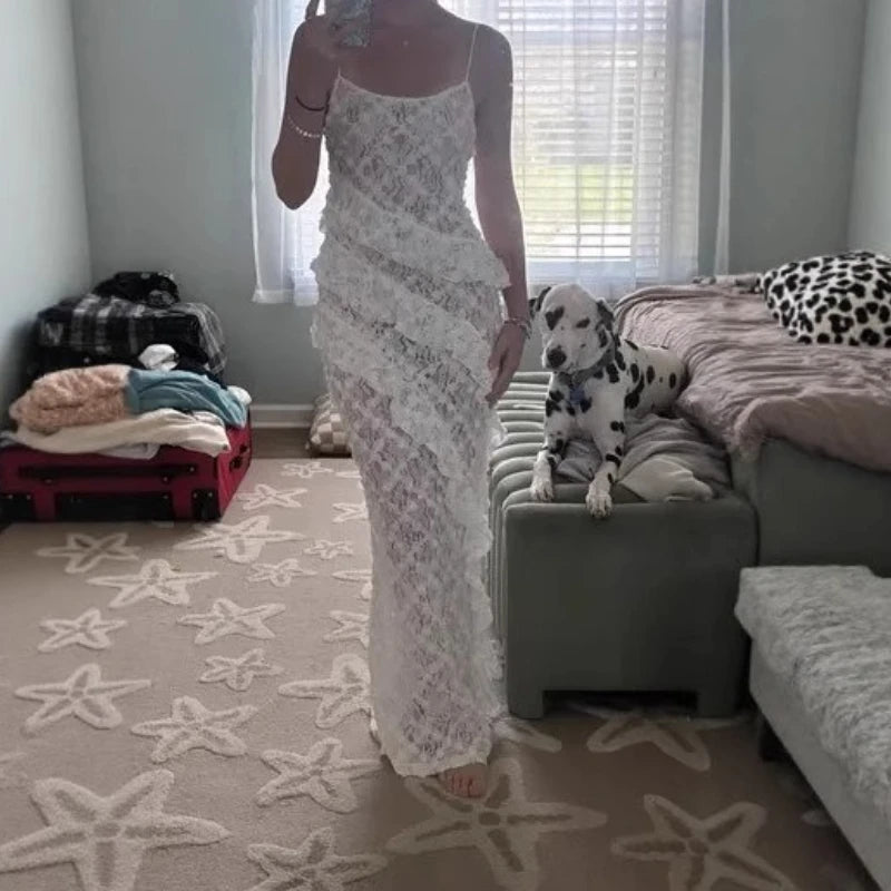 LIZAKOSHT  -  Design Sense Women's Popular Suspender Ruffle Dress, Backless Lace Sexy Hip Long Skirt