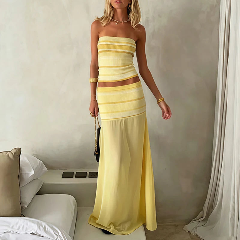 LIZAKOSHT  -  Sexy Strapless Off Shoulder Suit Chic Striped Backless Splice Outfit Casual Sleeveless Vest+Mesh Semi Transparent Skirt 2pc Set