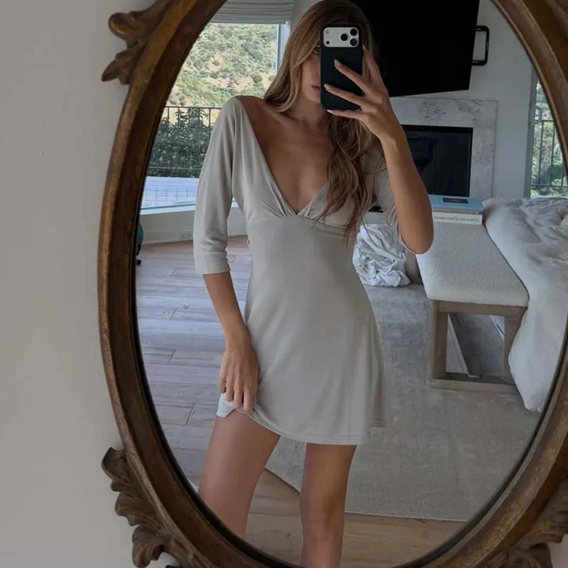 LIZAKOSHT  -  Summer Deep V-neck Backless Solid Short Dress Streetwear Y2K Women's Half Sleeve High Waist A-line Holiday Dresses