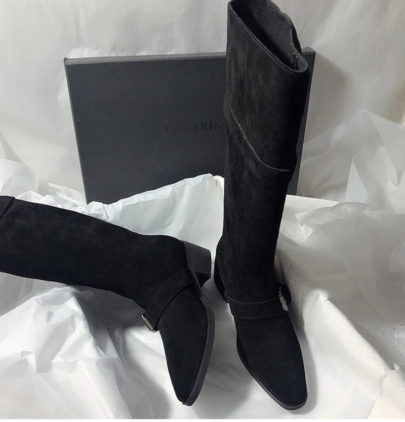 LIZAKOSHT  -  Fashion Vintage Women Western Knee High Boots Fashion Winter Belt Buckle Stripper Party Shoes Zapatos De Mujes