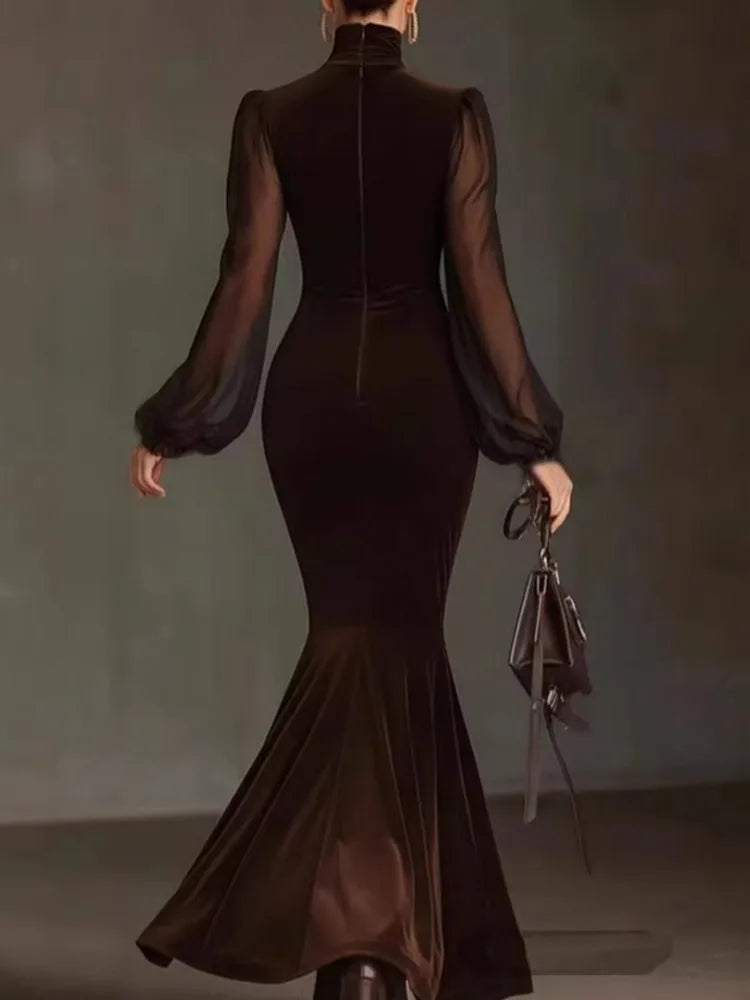 LIZAKOSHT  -  Spring Autumn Velvet Dress Women Long Sleeve Turtleneck Solid Sexy Elegant Evening Party Skinny Stretch Bodycon Dresses