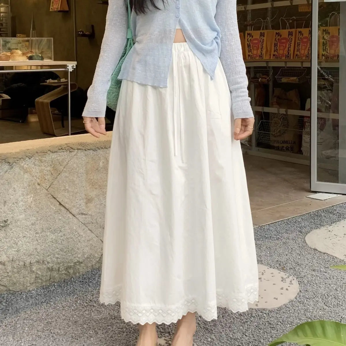 LIZAKOSHT  -  Fresh and Fashionable Lace Lace Splicing Half Skirt Summer New Versatile Loose High Waist Long Skirt