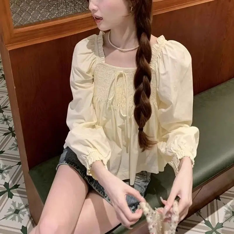 LIZAKOSHT  -  Autumn Mushroom Edge Square Neck Chiffon Long Sleeve Blouse for Women Autumn New Fashionable Unique Puff Sleeve Short Top