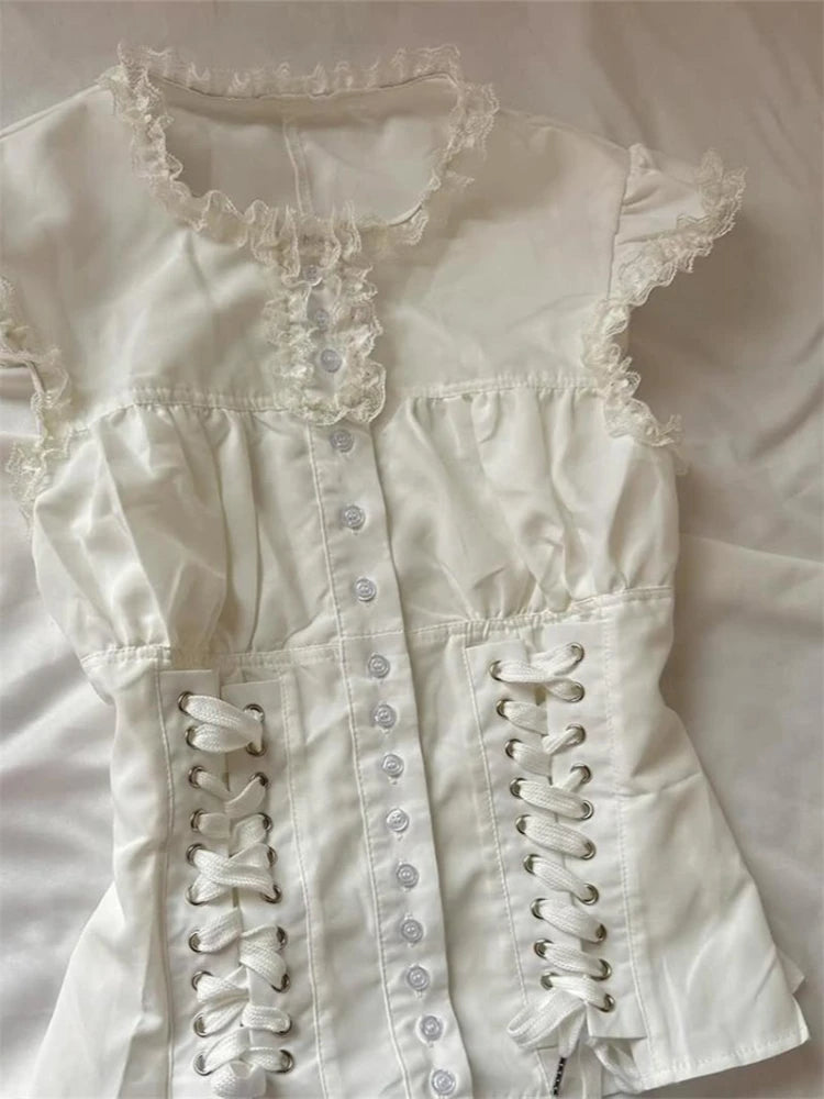 LIZAKOSHT  -  Casual Sweet White Slim Lace T-Shirts Designer Patchwork Hot Girl O-neck Sleeveless Tees Women Vintage Kawaii Fashion Shirt