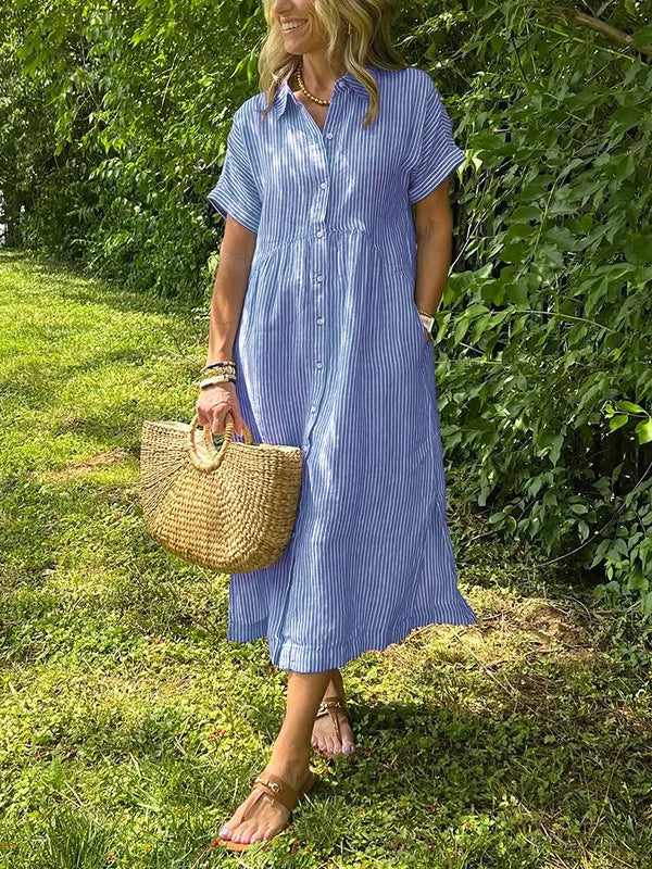 LIZAKOSHT  -  Casual Cotton Linen Midi Dr Women's Mid-Length Dr Comfortable Breathable Summer Dr Fairy T Sle ort Sve