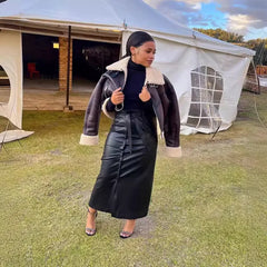 LIZAKOSHT  -  New Women's Autumn and Winter Mid Length Skirt, Black PU Leather Bag Hip Skirt, Button Slit Half Body Leather Skirt with Belt