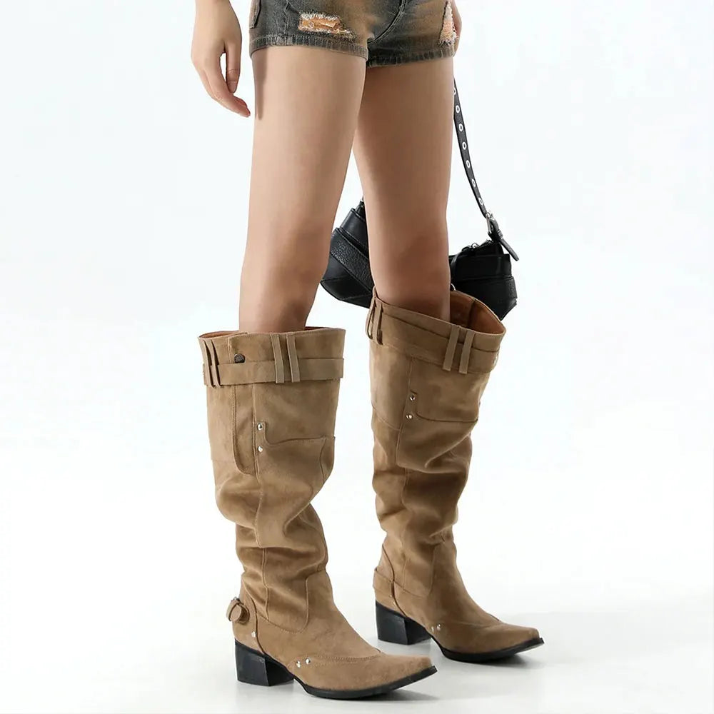 LIZAKOSHT  -  Wasteland Vintage Suede Wide Legs Cowboy Boots Women Retro y2k Western Boots Belt Strap Knee High Boots Shoes Square Heels