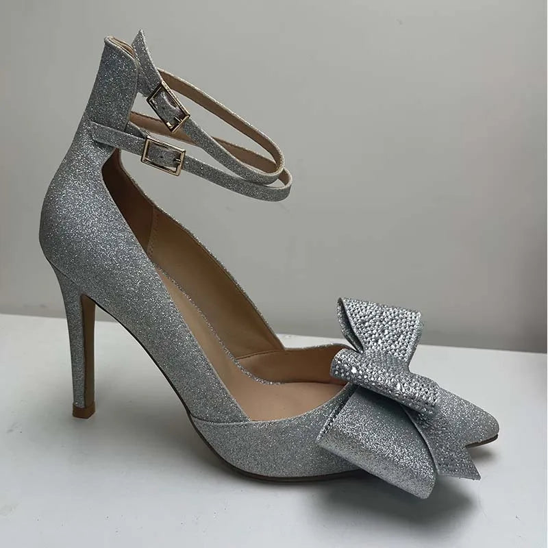 LIZAKOSHT  -  Butterfly Knot Pointed Toe Rhinestone Bling Women Pumps Crystal Solid Color Buckle Strap Sandals Fashion Western Female Shoes
