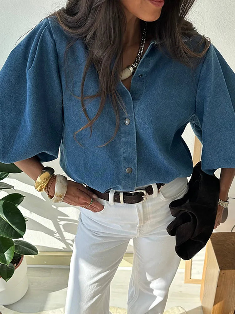 LIZAKOSHT  -  Denim Long Lantern Sleeve Shirts Women Single Breasted Turn-down Collar Loose Shirts Vintage 2025 Spring Commute Blouse Tops