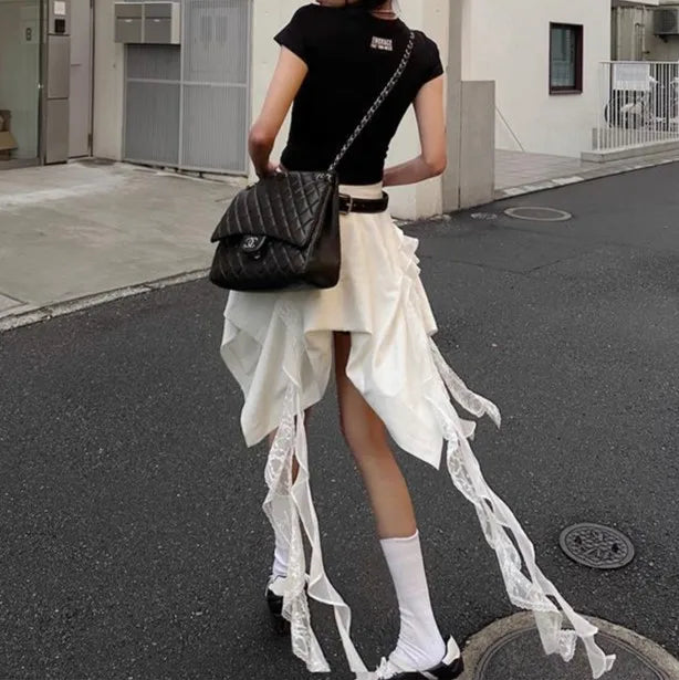 LIZAKOSHT  -  New Small Style Lace Splicing Irregular High Waist A-line Short Skirt