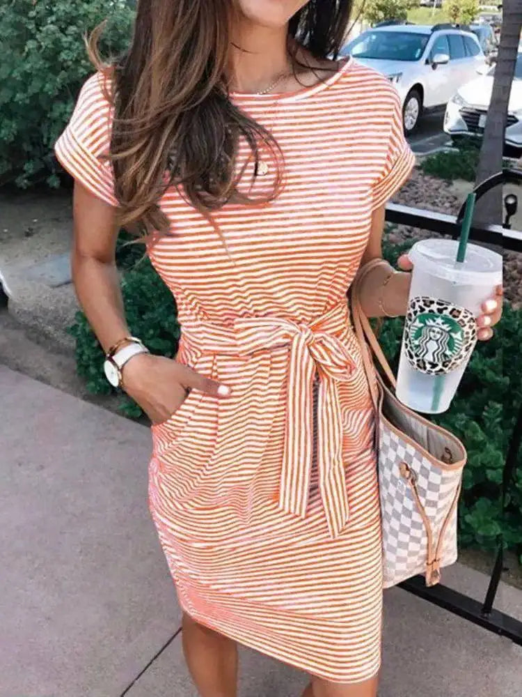 LIZAKOSHT  -  Casual Striped Women's T-irt Dr O-Ne ort Sve CleanFit H-Sle Midlife Autumn CiWalk Linen Blend Casual Gown