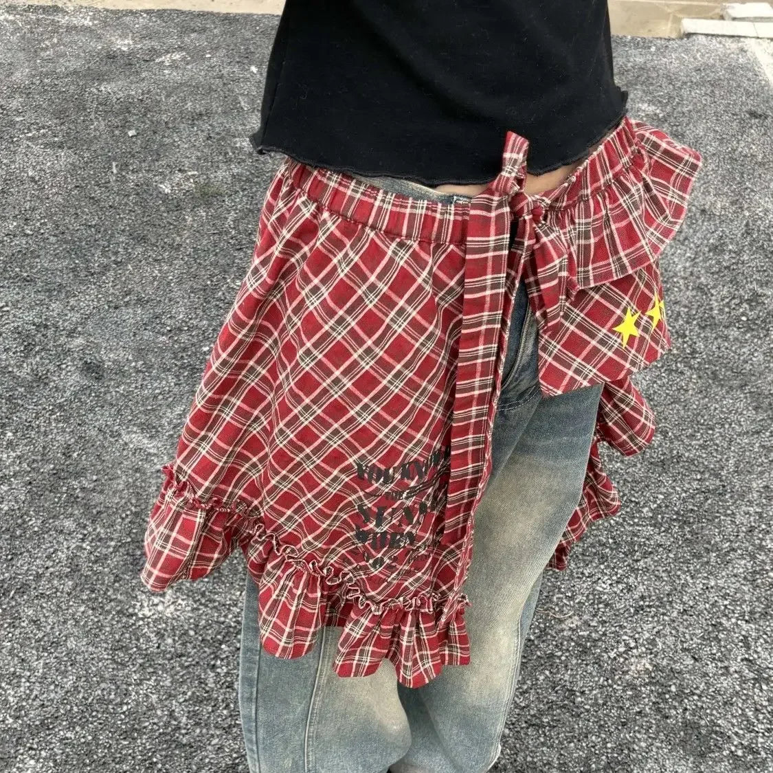 LIZAKOSHT  -  Y2k Aesthetic Plaid Irregular Ruffled Skirts Vintage Women Streetwear Letter Print Faldas Harajuku Grunge Casual Bandage Skirt