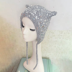 LIZAKOSHT  -  Y2K Sequin Devil Horn Knit Hat Women Winter Ear Flap Beanie Hat With Strap Gothic Cat Ear Warm Knitted Bonnet Streetwear