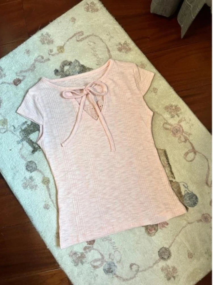 LIZAKOSHT  -  Pink Solid Coquette T Shirts Women Y2k Vintage Elegant Sweet Sexy Lace Patchwork Bandage V-neck Slim Tees Tops 2025 Chic