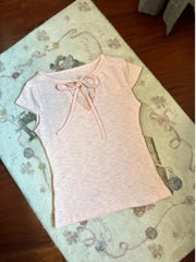 LIZAKOSHT  -  Pink Solid Coquette T Shirts Women Y2k Vintage Elegant Sweet Sexy Lace Patchwork Bandage V-neck Slim Tees Tops 2025 Chic