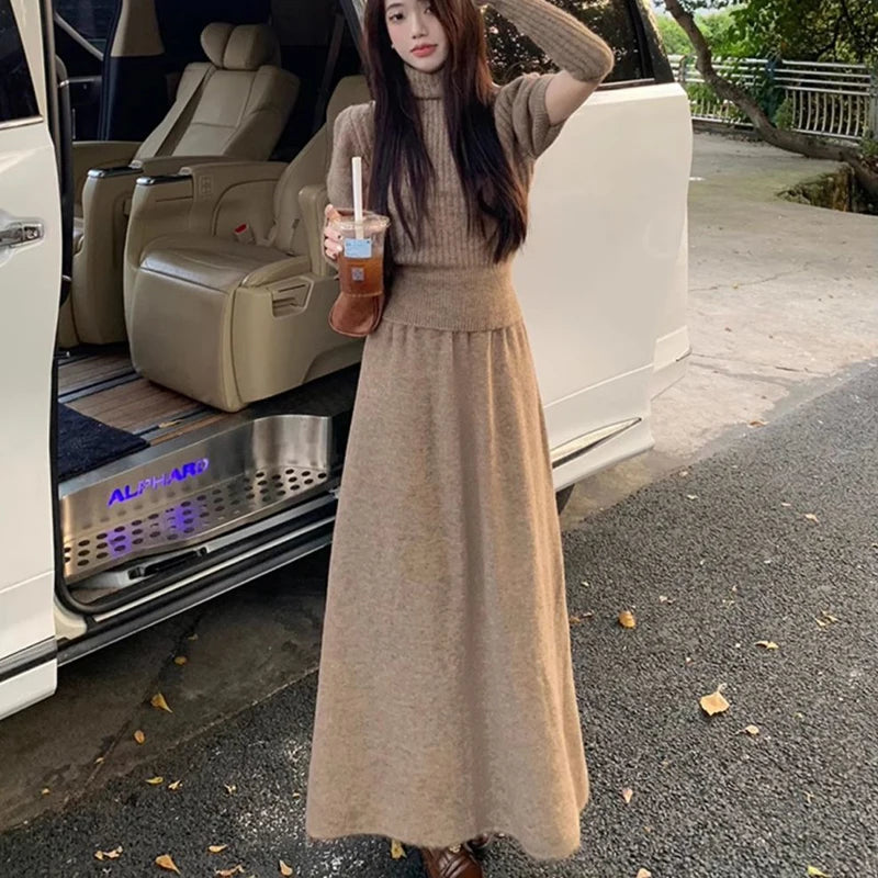 Fashion 2 Piece Skirt Set Women Short Sleeve Sweaters High Waist A-line Long Skirts Office Lady Slim Knitted Two Pieces Suits