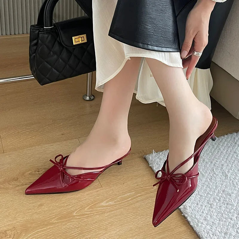LIZAKOSHT  -  New Brand Sandals Women Sexy Pointed Toe High Heels Shallow Bow Slingback Dress Shoes Low Heel Mules Pumps Women Slipper