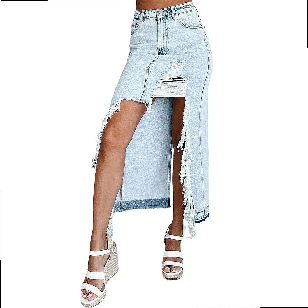 LIZAKOSHT  -  High Waist Ripped Raw Hem Denim Skirt, Split Bodycon Midi Skirts Spring Summer