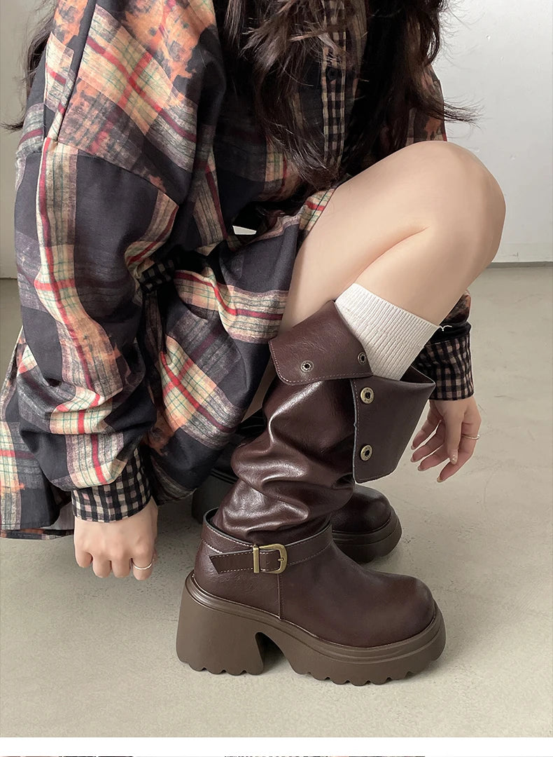 LIZAKOSHT  -  Winter Punk Style Woman Platform Knight Boots Fashion Belt Buckle Shoes Ladies Concise Height Increase Long Booties