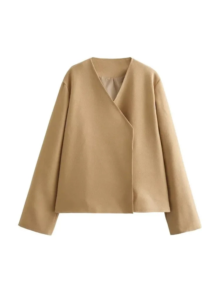 LIZAKOSHT  -  Women V-neck Khaki Thicken Wool Jacket Autumn Winter Chic Loose Blend Coat Female Streetwear Warm Outfit Coats for Women