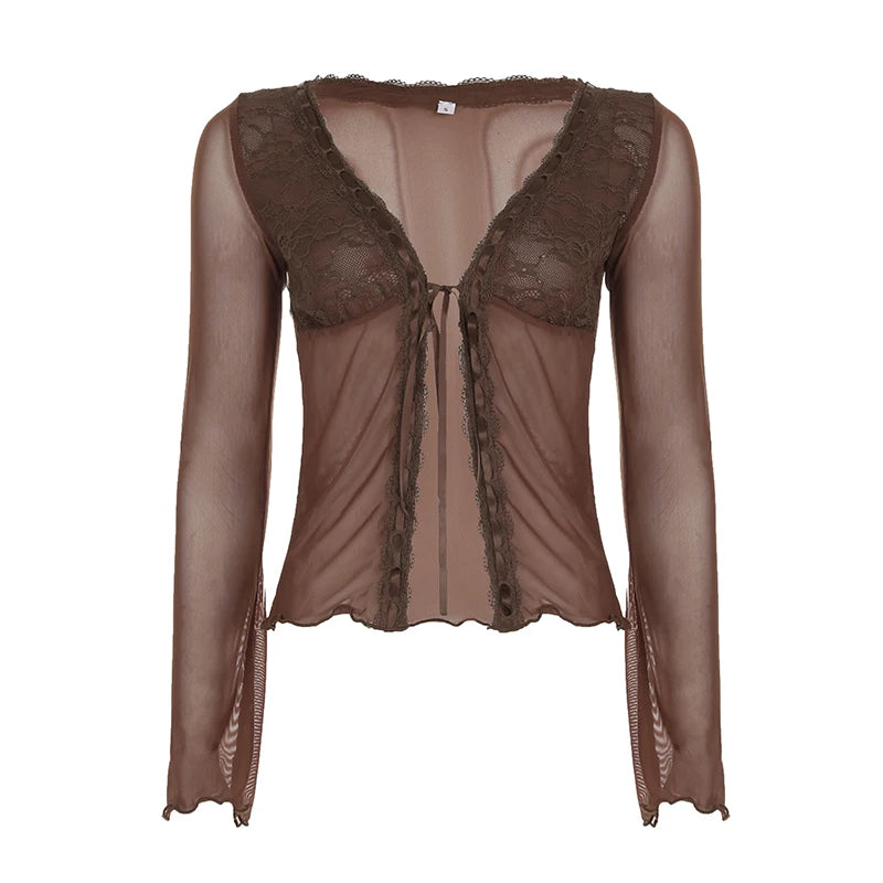 LIZAKOSHT  -  Y2K Lace Patchwork Mesh Long Sleeve Cardigan Tie Up Sexy Brown See Through Smock Top Vintage Stylish Streetwear 90s