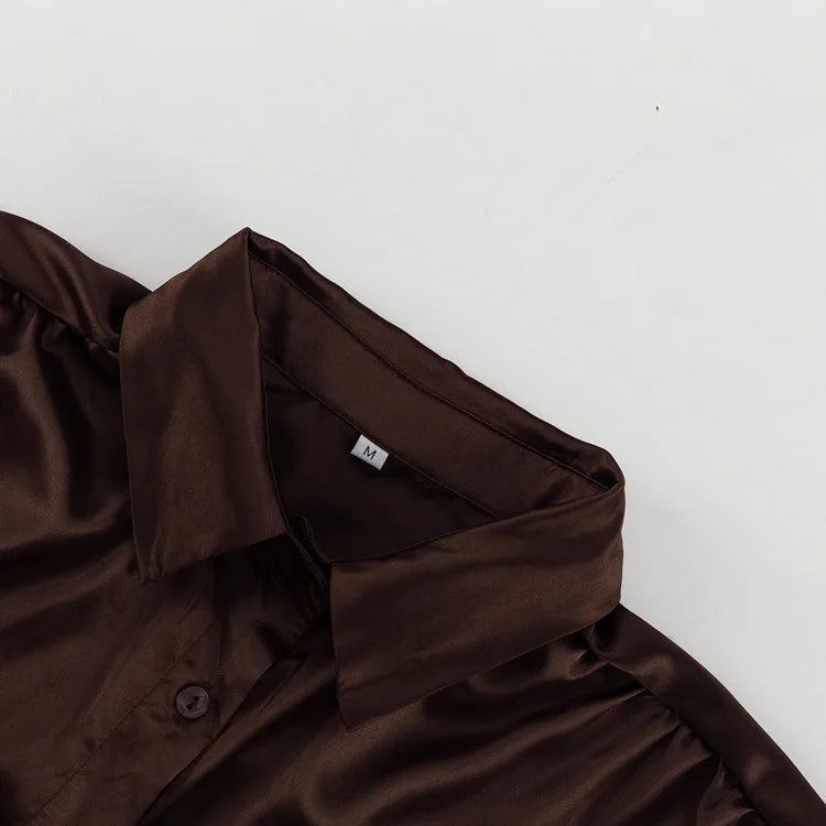LIZAKOSHT  -  Retro Brown Shirt For Women 2025 New Summer Casual Solid Loose Single Breasted Blouse Simple Turn-down Collar Long Sleeve Shirts
