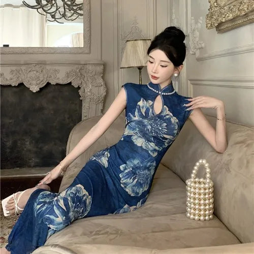 LIZAKOSHT  -  Retro Fashion Pearl Women's Skirt Slim Fit Printed High Quality Slimming  Dress Korean Style Stand Collar Wrap around