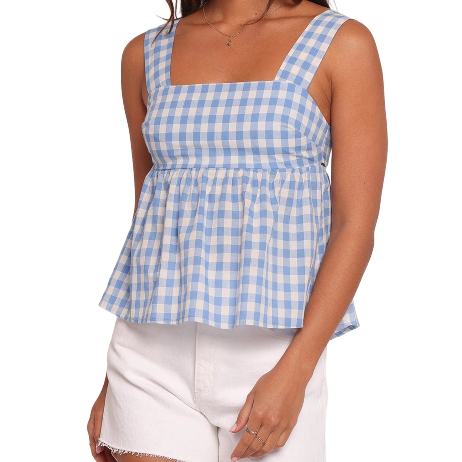 LIZAKOSHT  -  Women s Casual Sleeveless Plaid Print Babydoll Tank Top with Bow Tie Back and Flowy Hem for Summer Style