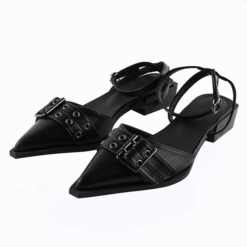 LIZAKOSHT -  Sandals for Women with Low Heels Square Summer Closed Ladies Shoes Pointed Toe Footwear Strap Beige Korea on Offer Vintage