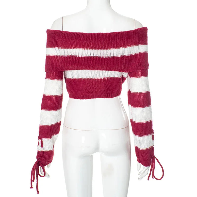 LIZAKOSHT  -  Knitted Sexy Off Shoulder Striped Women Sweater Red Long Sleeve Lace Up Sweater Female Autumn New Casual Streetwear
