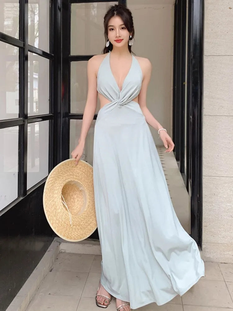 LIZAKOSHT -  Summer Sexy Hollow Out Women Long Dress Vintage V-neck Female Halter Clothing New Beach Style Backless Vestidos Robe