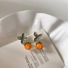 LIZAKOSHT Unique Design Enamel Resin Persimmon Drop Earrings for Women Creative Green Leaves Hanging Dangle Earrings Cute Jewelry