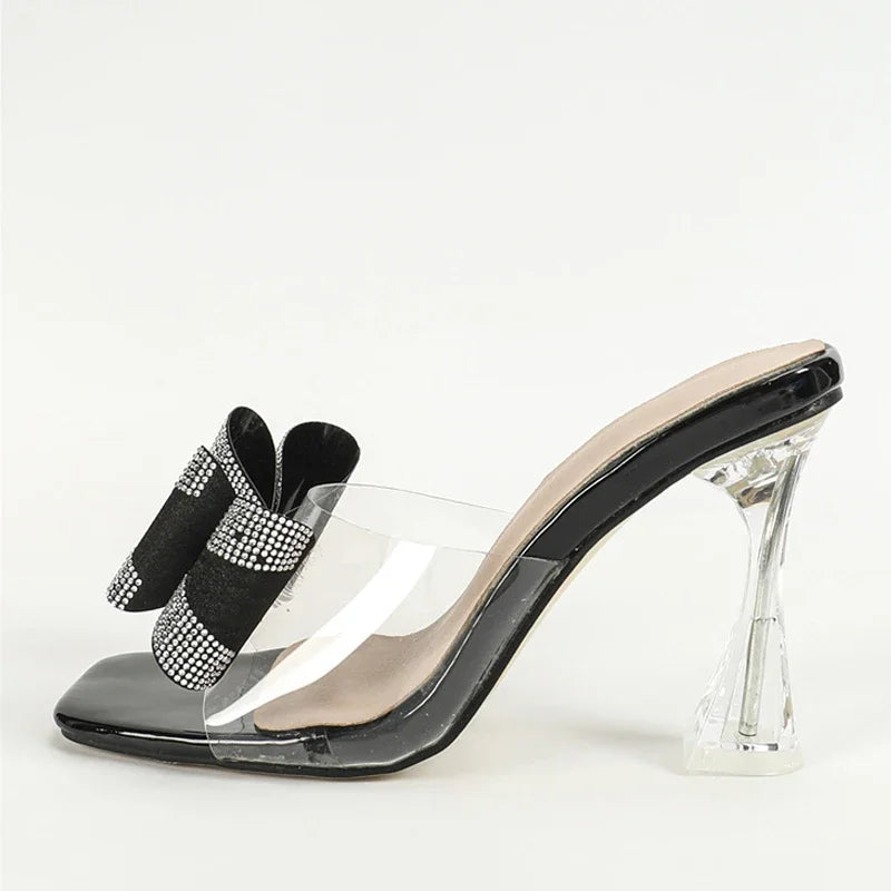 LIZAKOSHT  -  Shiny Bowknot Designer Slide Sandals Women Summer Sexy Open Toe Party Slippers Elegant  Dress Thin High Heel Pumps Zapatos Mujer