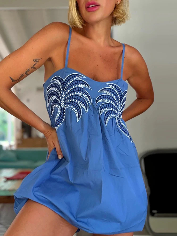 LIZAKOSHT  -  Women Elegant Off Shoulder Sling Dresses Blue Coconut Tree Print Summer Mini Dress Sexy Sleeveless Embroidery Loose Short Dress