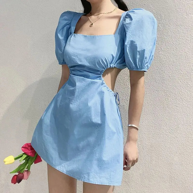 LIZAKOSHT  -  Dress With Backless Straps And Puff Sleeves Sexy Design Women'S Ins Waist Slimming A-Line Skirt Age-Reducing Short Skirt