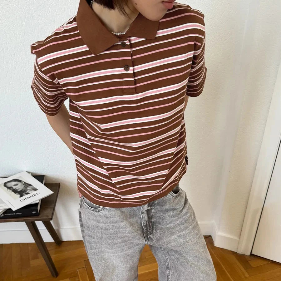LIZAKOSHT  -  Women Summer Short Sleeve T Shirts Polo Neck Striped Design 95% Cotton Tees Summer Tops For Women Clothes