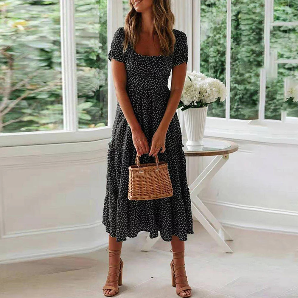 LIZAKOSHT  -  Women Floral Printed Boho Kaftan Midi Dress Ladies O-Neck Short Sleeve Summer Holiday Beach Swing A-Line Sundress